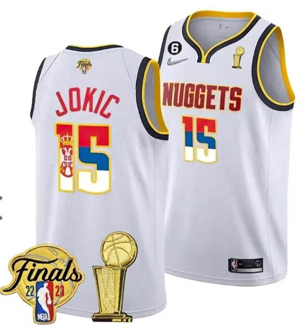 Men's White Gold Denver Nuggets #15 Nikola Jokic 2023 Serbia Flag Finals Champions With NO.6 Patch Stitched Basketball Jersey